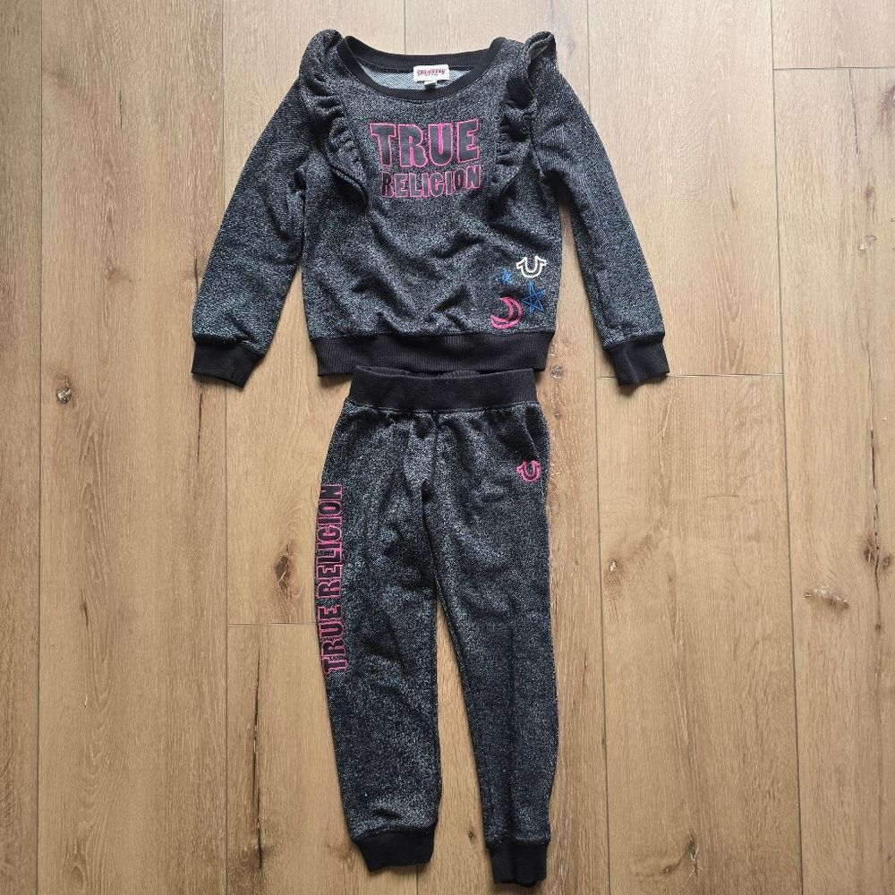 True Religion girls size 5, black Shimmery Glitter Set Joggers Ruffle Shoulder